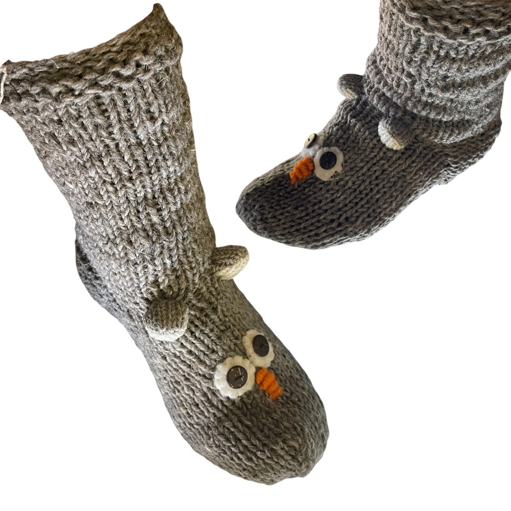 Silly Yeti Imports Handmade Wool Owl Slipper Socks Fleece Lined Grey FPS6 Nepal